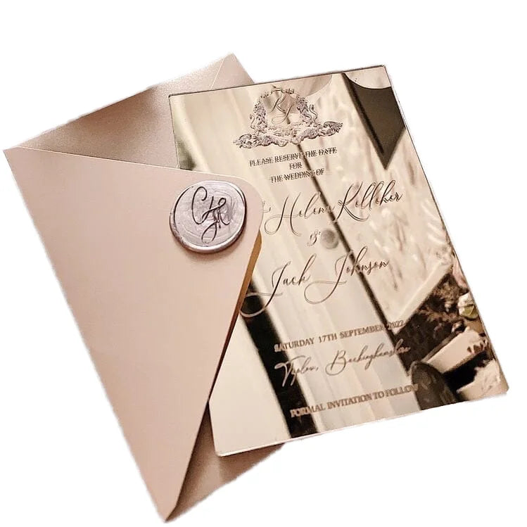 Gorgeous Rose Gold Mirror Acrylic Wedding Invitations with Graved Text Suede Cloth Hardcover for Valentine's Day