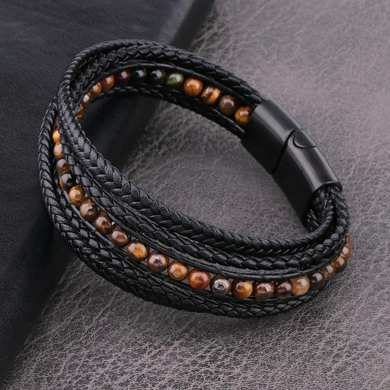 Wholesale Magnetic Buckle Bracelet Multilayer Braided Leather Cord Bracelet Natural Stone Beaded Bracelet for Men Women