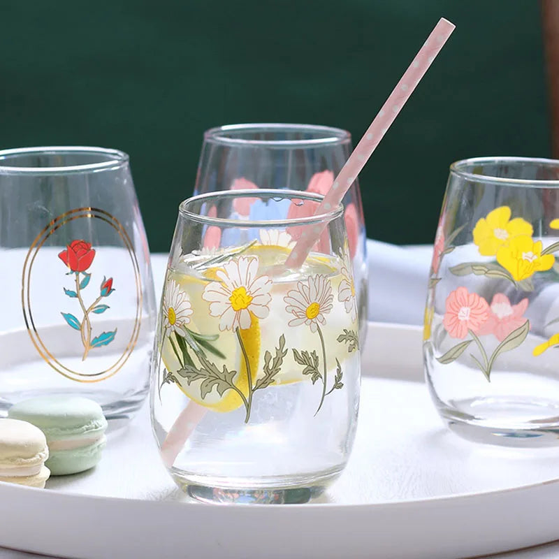 Cup Glass with Flower Pattern Glasses Cup Colored Glass Mug Daisy Cup