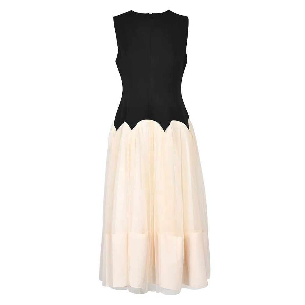 OUDINA Wholesale French Sleeveless Color Contrast Mesh Tutu Pleated Women Lady Dress Elegant Ladies Casual Dresses