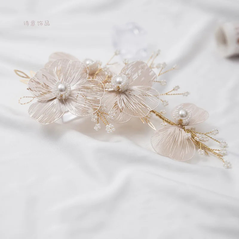 Handmade Copper Wedding Pearl Hair Pins Hair Accessories Women Bridal Headpiece Flower Hair Decorations Girls