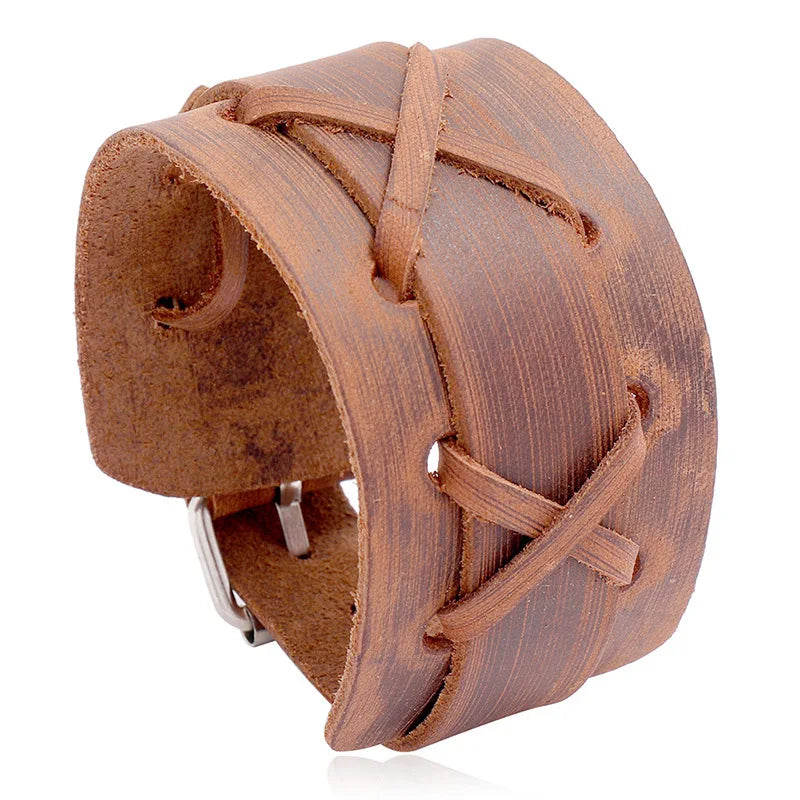 Retro Vintage Brown Adjustable Wrap Big Wide Genuine Bracelet Men Leather