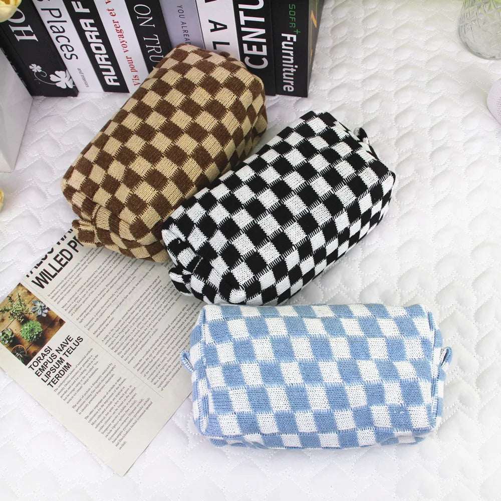 WAALUU Custom Label LOGO Vintage Checkerboard  Designer  Knitted Fabric Zipper Cosmetic Bag Lipstick Storage Bag Makeup Pouch