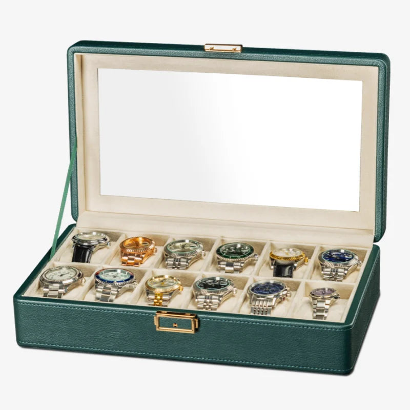 New 12 Grid Green Black PU Leather Watch Display Case Box Organizer
