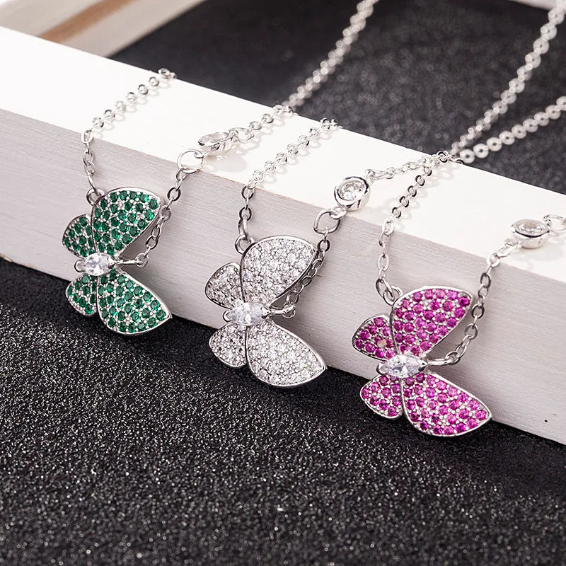 Luxury Gold Plating Bling CZ Zirconia Butterfly Necklace S925 Sterling Silver Butterfly Pendant Necklace for Party