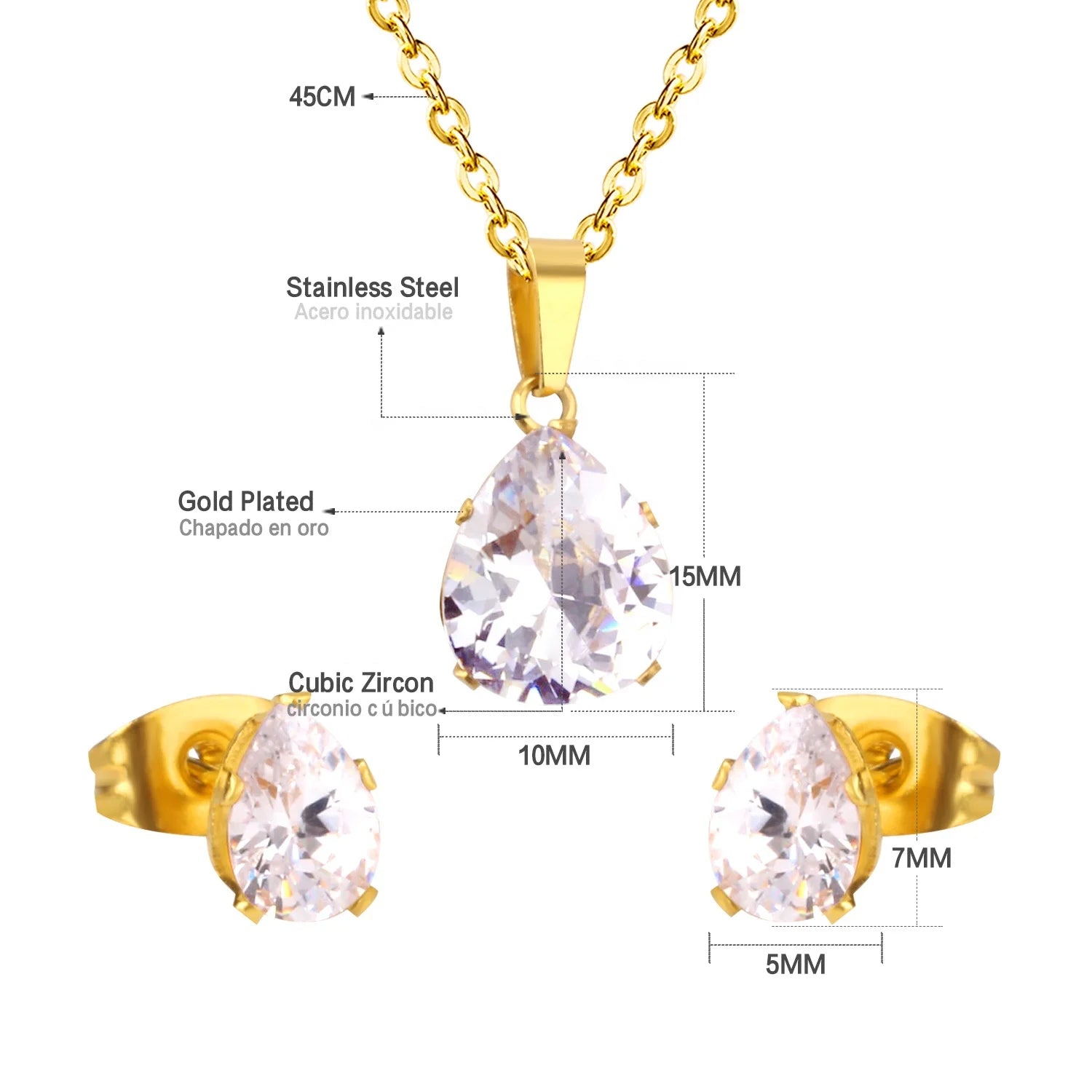 Wholesale Hot Selling 18K Gold Plated Pendant Stainless Steel Zircon Water Drop Jewelry Set Bridal Earrings and Necklace Sets