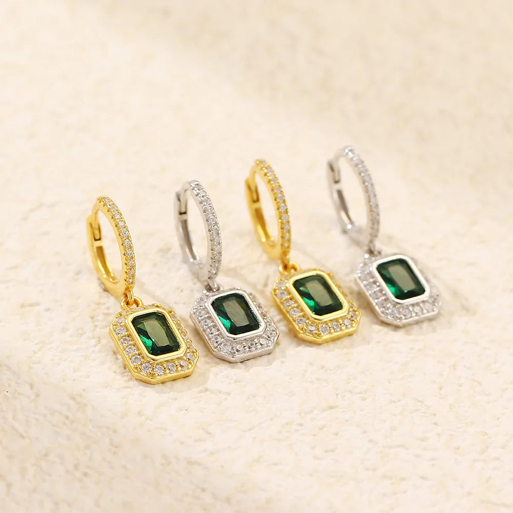 Fashion Jewelry 925 Sterling Silver Dangling square Emerald Zircon White Zircon Gold Plated Hoop Earring Jewelry for Women