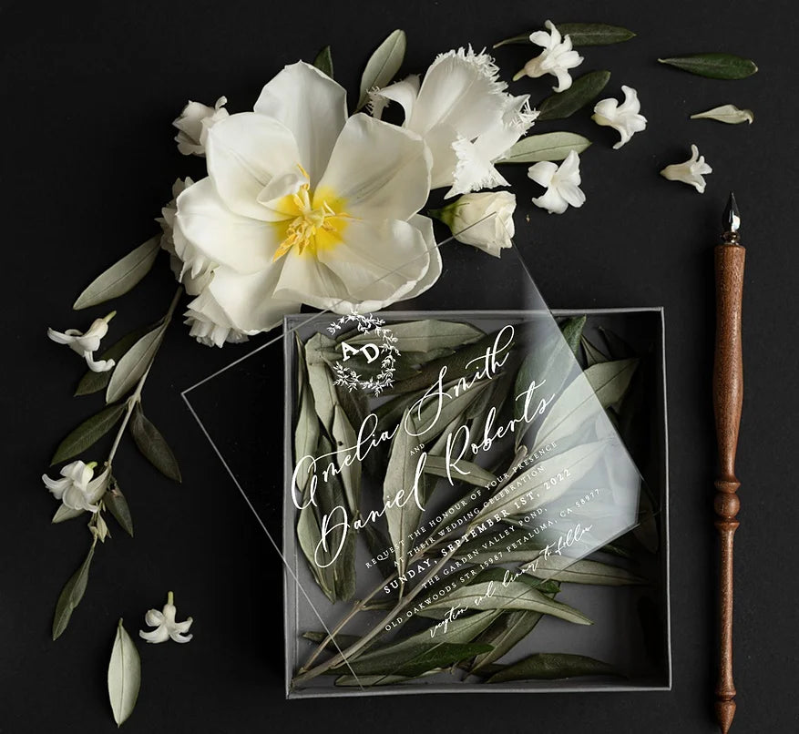15*15cm White Ink Printing Clear Acrylic Wedding Invitations Romantic Olive Leaves Classic Invites Suite MegaBDM