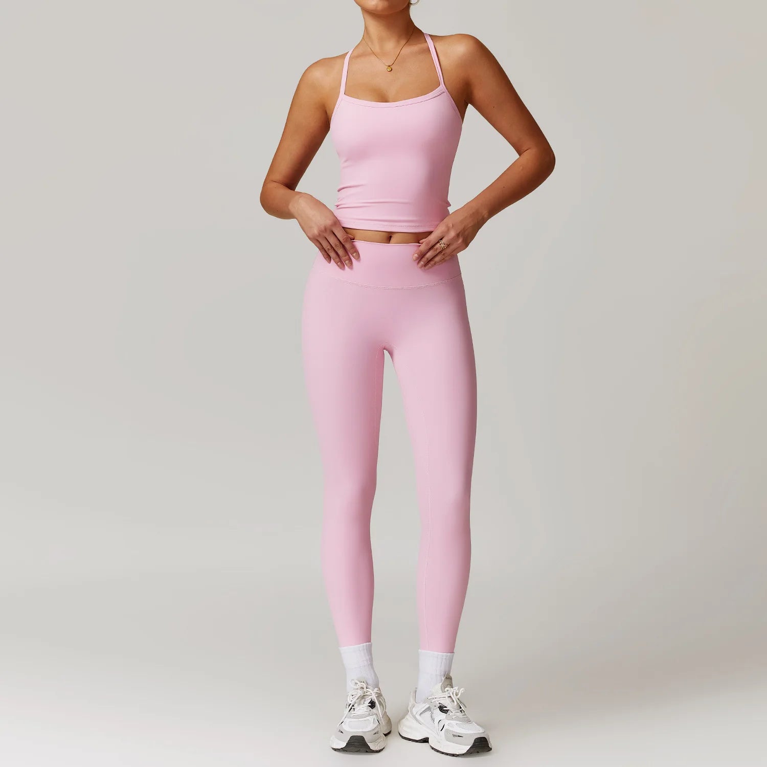 pink Cami Crop Top and Skinny Legging Two Piece Women's Set Nylon Tracksuit Gym Yoga Athleisure Wear Streetwear Activewear 2024