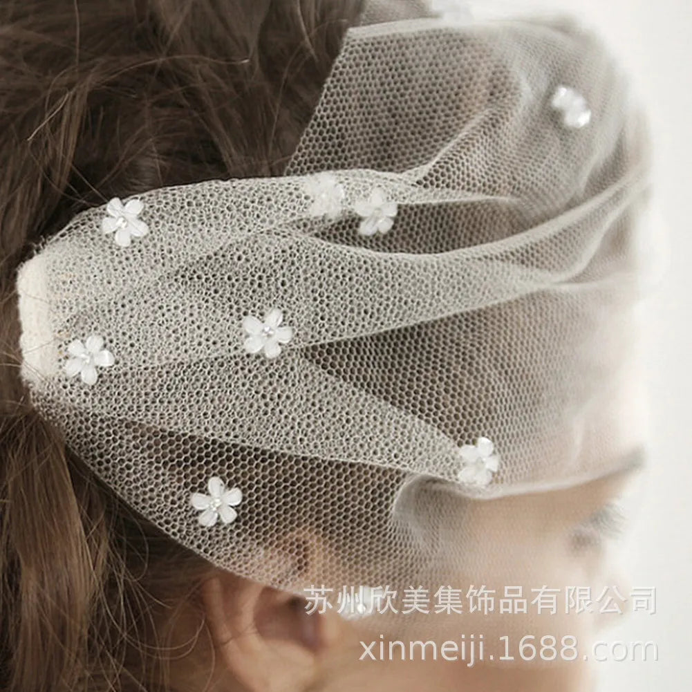 ShangHai New Bride Net White Bridal Veil Bridal Face Veil Flower Wedding Bird Cage Sewn Metal Hair Comb