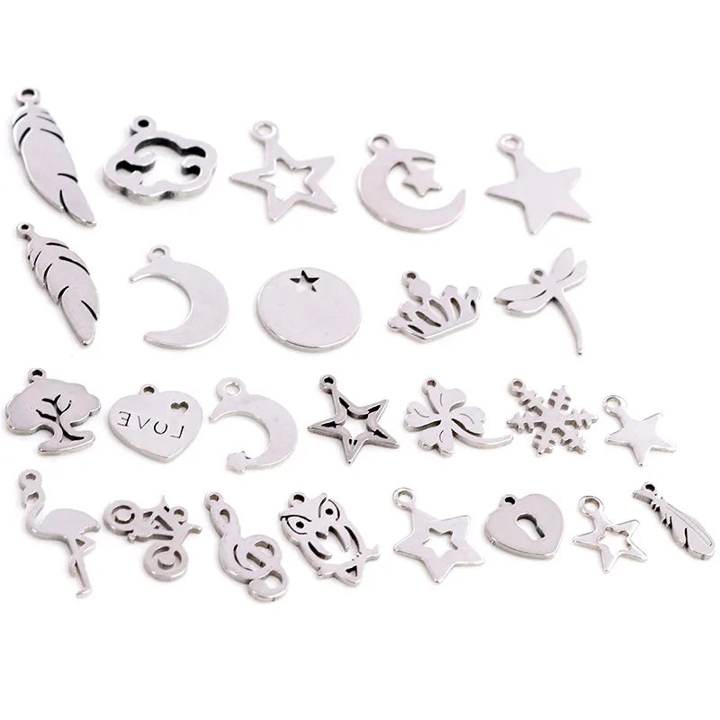 30pcs/lot No Fade Charms 316 Stainless Steel Feather Leaf Moon Star Heart for Necklace Pendant Charms Diy Jewelry Making