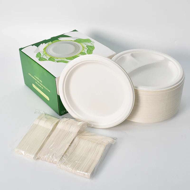 2022 Back School Disposable Dinnerware Set Paper Cups Plates Eco-Friendly Bagasse Waterproof Oil Proof Microwave Safe Wholesale