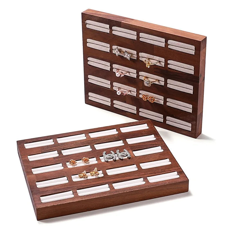 Premium Walnut Wood Grain Ring Display Tray With Multi-slot Beige Suede Lining Professional Jewelry Organizer Showcase Pad Box