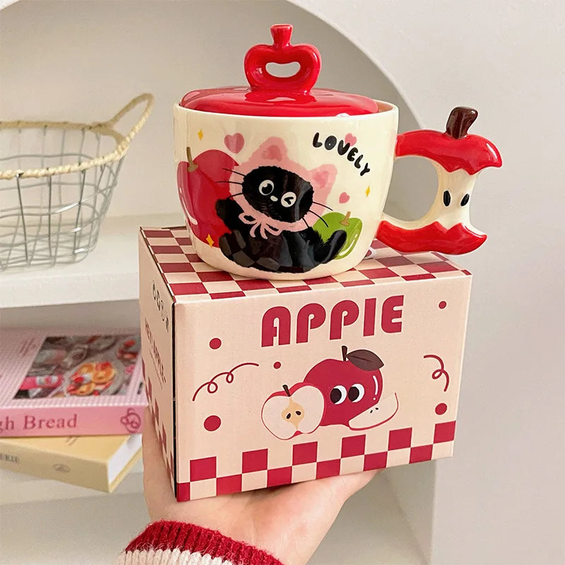 Modern Creative Ceramic Cat Mug with Lid Apple Design Perfect Birthday Christmas Gift for Home Use for Water Tea
