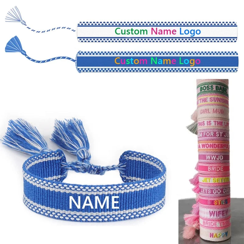 WWJD Bride Letter Design Friendship Woven Jewelry Embroidered Customized LOGO Wristband Adjustable Size Webbing Tassel Bracelets