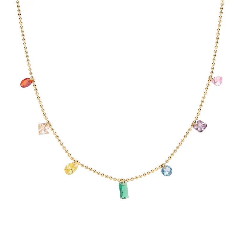 Women's Summer Fashion Gold Plated Necklace with Rainbow Zircon Dangle Charm Stainless Steel Link Chain Jewelry