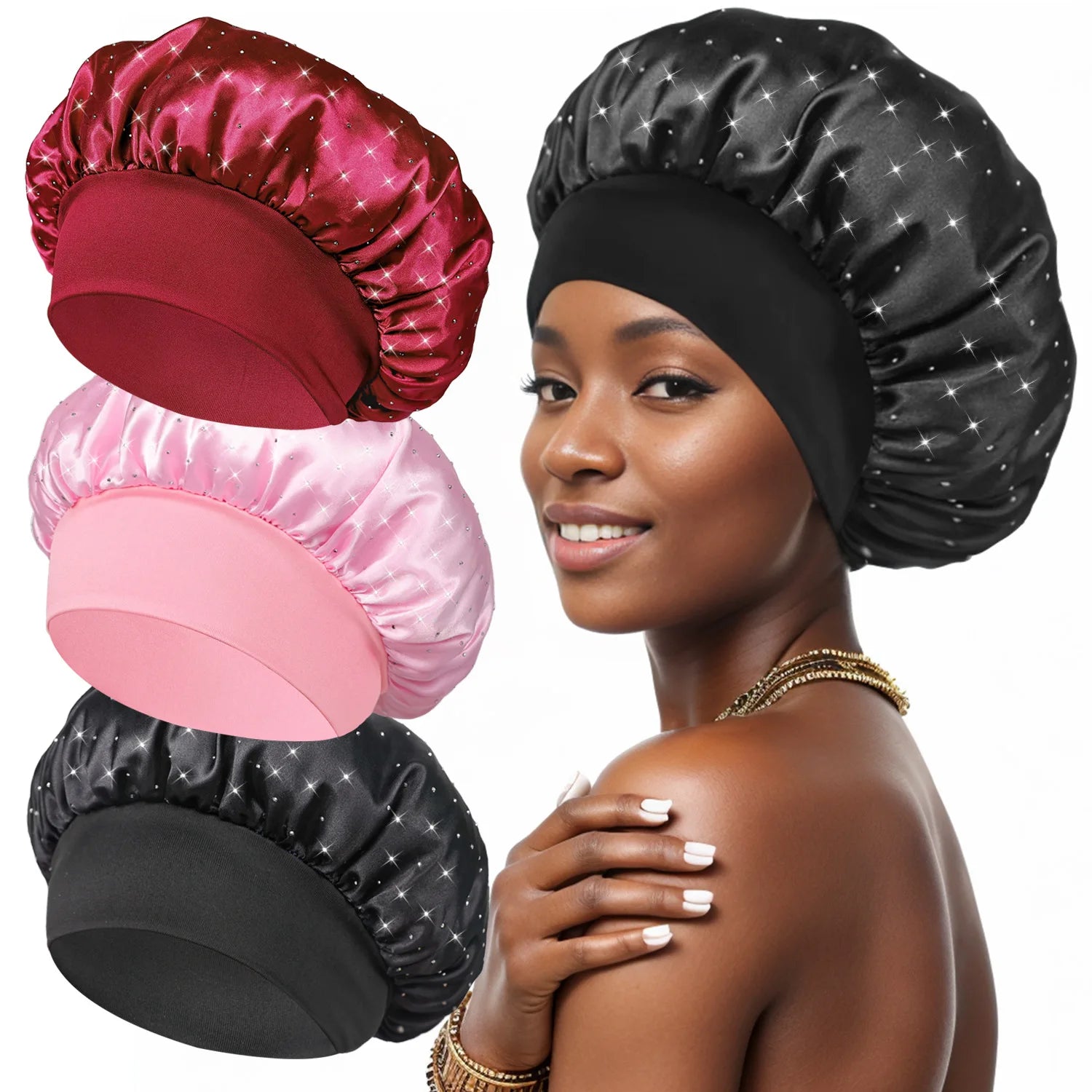 SongMay New Custom logo Satin Bonnet Beauty Sleep Cap Double-layered Sparkling With Diamonds Elastic Hair Band Satin Cap