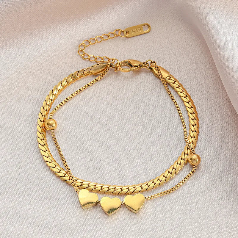 2pcs No Tarnish Flat Snake Chain Herringbone Double Layered Bracelet No Fade 18k Gold Plated 316L Stainless Steel Heart Bracelet