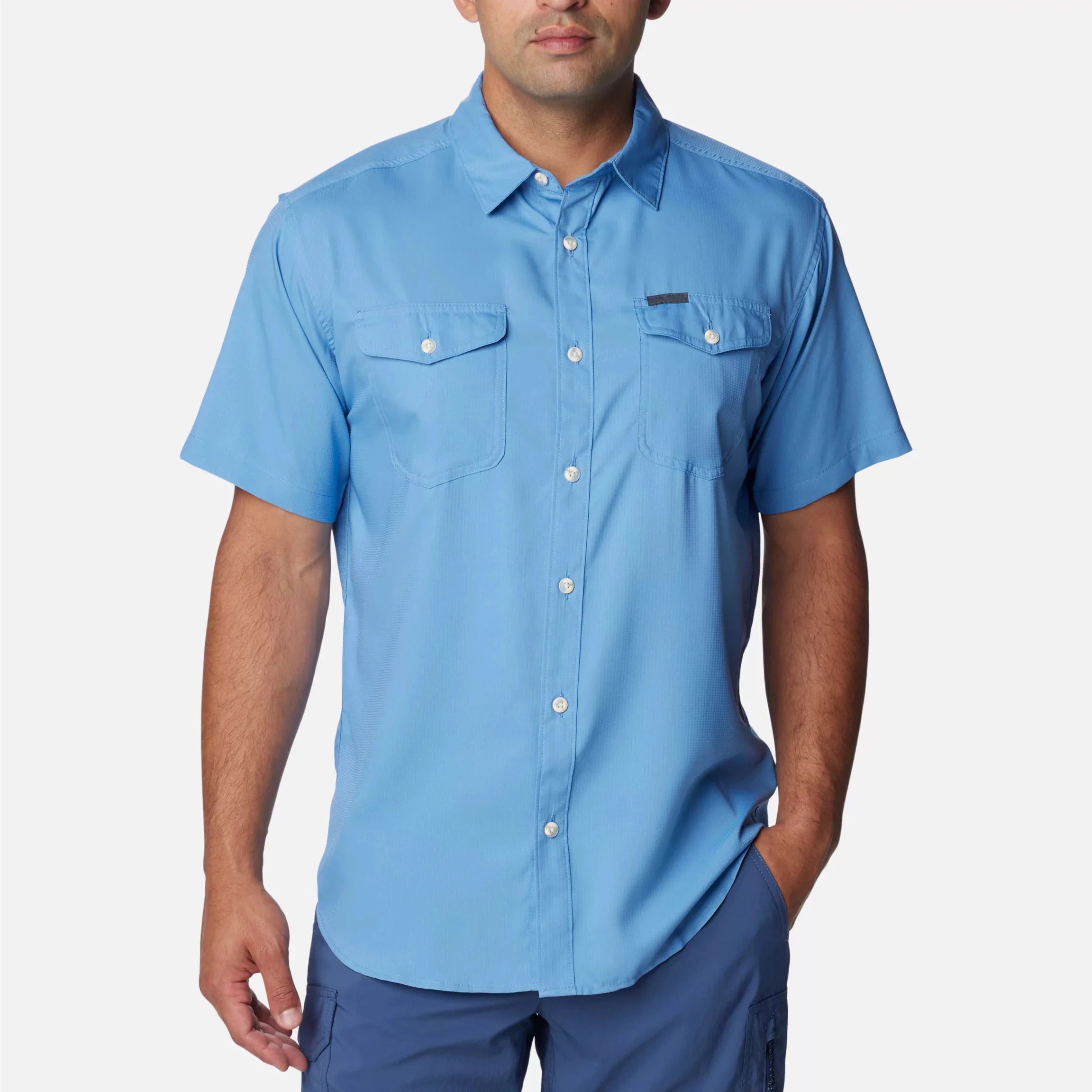 Men's Breathable Woven Blank Solid Short Sleeve Shirts with Chest Pockets Button Down Design Quite Drying