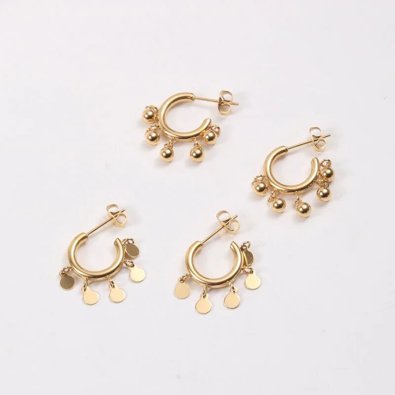 Fashion Dangle Circle Earring Hypoallergenic Stainless Steel Dangle Beads C Hoop Stud Earrings