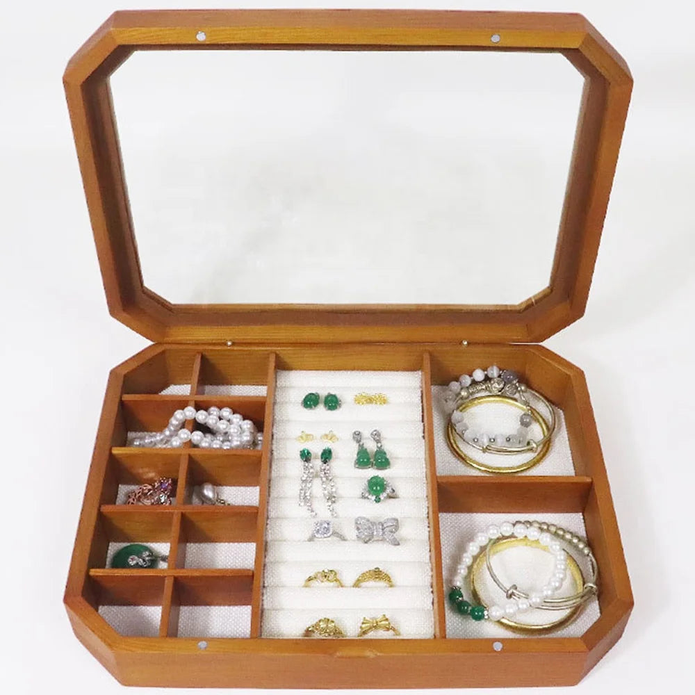 Luxury Octagonal Display Case for Ring Bracelet Earring Solid Wood Glass Transparent Flip-type Jewelry Storage Organizer Box