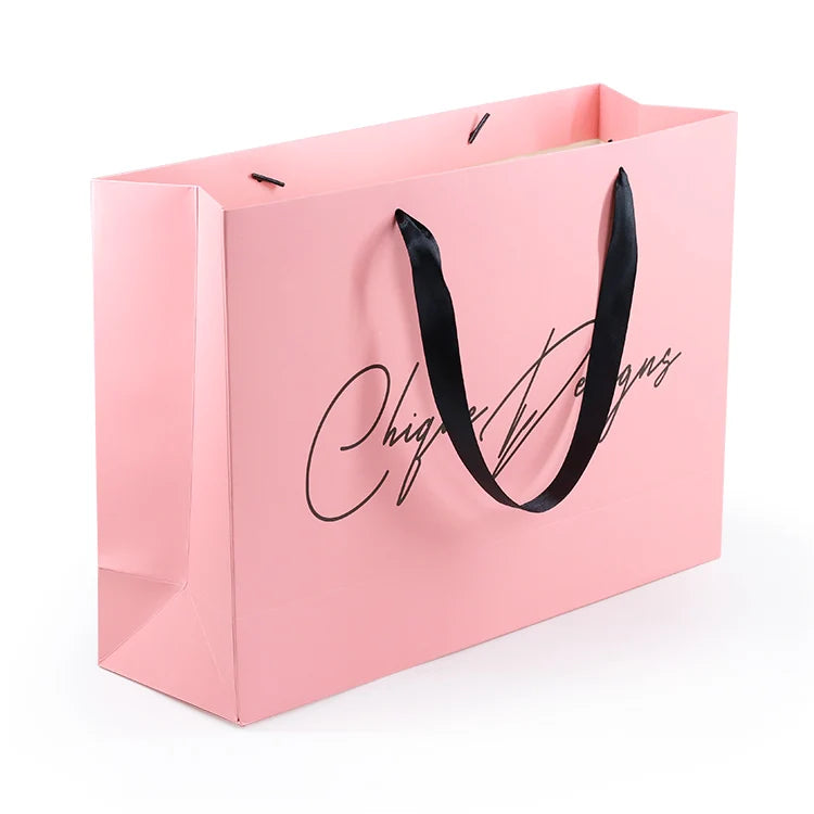 Paper Gift Shopping Bag with Satin Ribbon Handle Offset Printed Logo Printed for Apparel Cosmetic Jewelry Boutique Packaging
