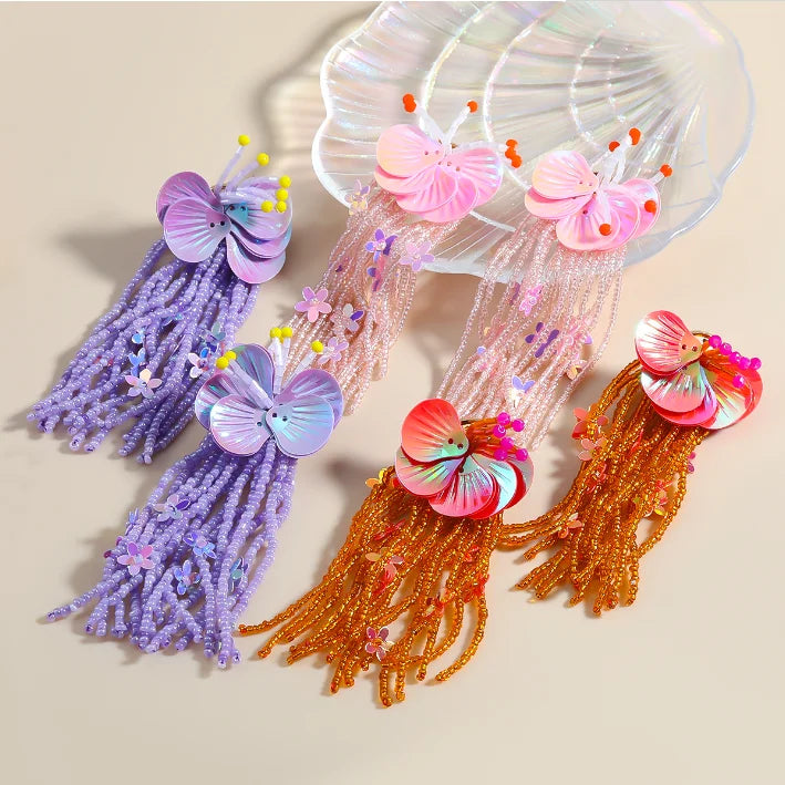 New ZA Long Floral Beaded Tassel Earrings for Woman Hand Woven Beads Flower Dangle Earring Charm Pendant Fringe Ear Jewel