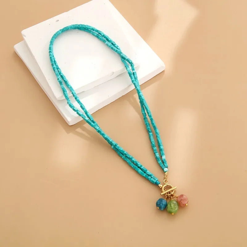 Semi- Precious Gemstone Necklace Natural Square Blue Turquoise Beaded Necklace Strawberry Crystal Charm Trendy Jewelry for Women
