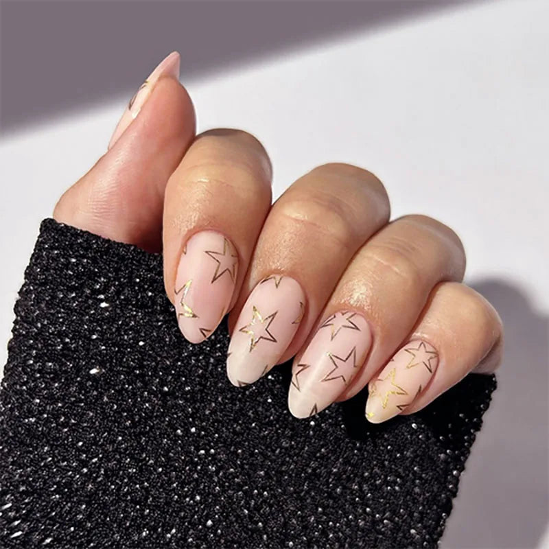 24 Pcs Minimalist Pentagram Stars Short Almond Shape Acrylic Press on Nails Artificial Fingernails False Nails 3693