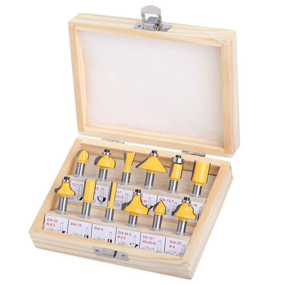LAVIE 12pcs 6. 8.1/2'.1/4' Shank Wood Packing Trimming Straight Tungsten Carbide Router Bits for Wood Woodworking