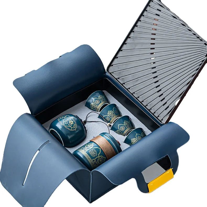 Icy Jade Luxury Ceramic Travel Tea Set Portable Business Drinkware Gift Souvenir with One Pot and Two Cups on Tray