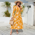 2023 Women's Autumn and Winter New V-neck Waist Tie Long Sleeve Fragmented Flower Long Dress