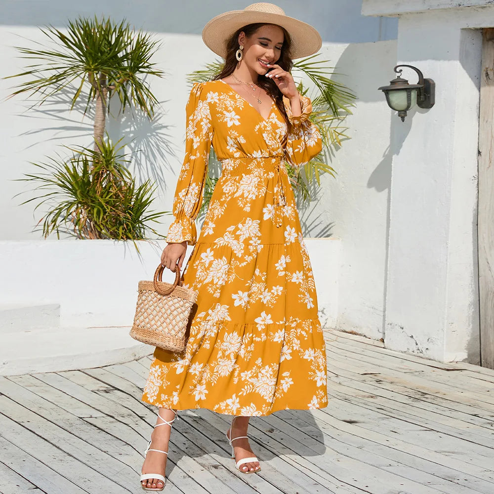 2023 Women's Autumn and Winter New V-neck Waist Tie Long Sleeve Fragmented Flower Long Dress