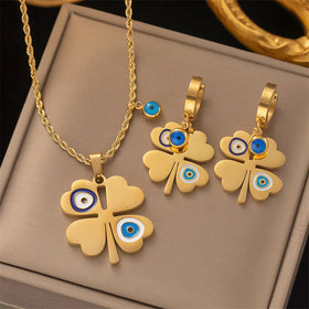 Wholesale New Stainless Steel Oil Dripping Bohemian Necklaces Natural Shell Clover Earrings Necklace Set