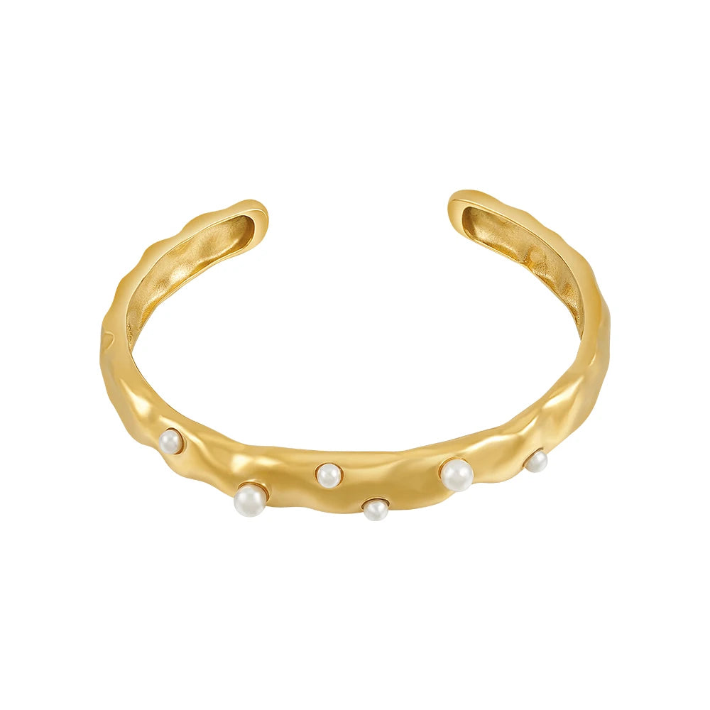 Latest 18K Gold Plated Stainless Steel Jewelry Hollow Irregular Pearl Open Cuff Bangle Trendy for Women Party Bracelet B232383