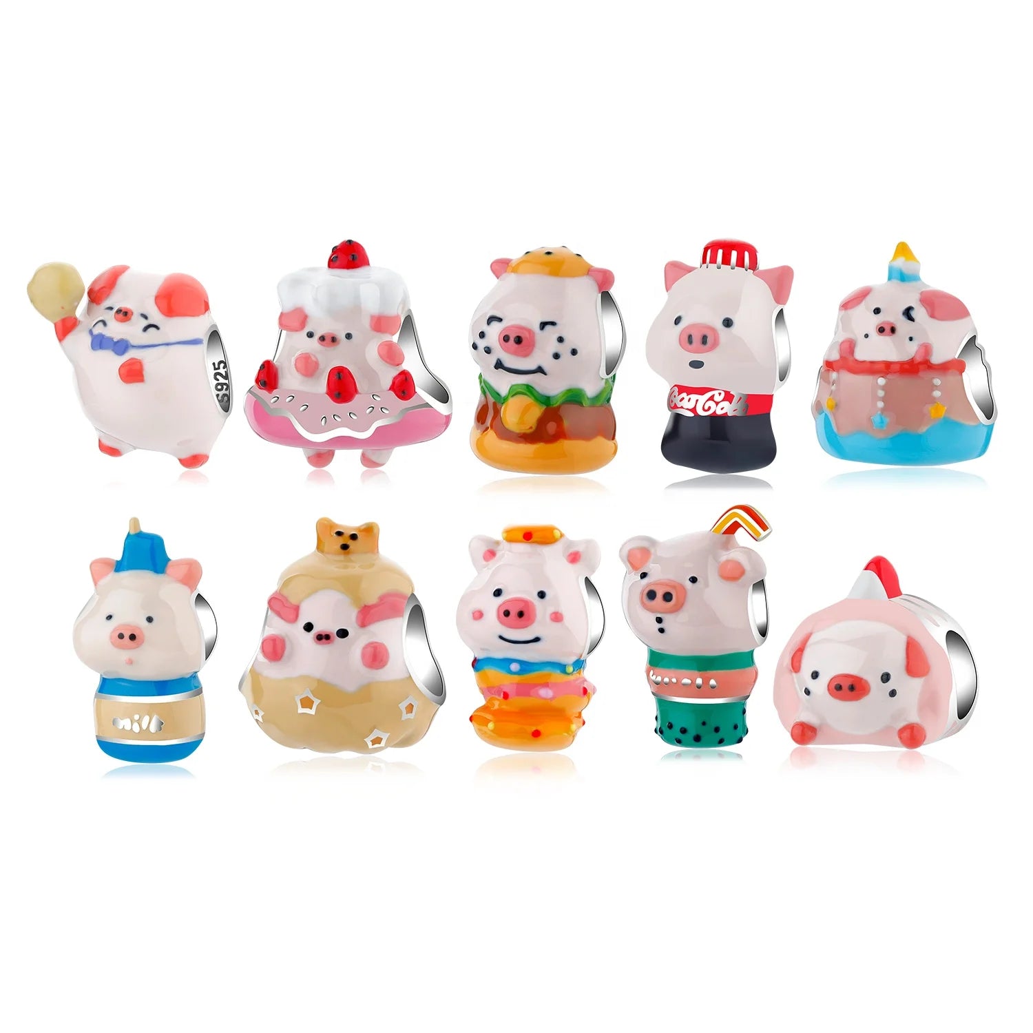 Real 925 Sterling Silver Cute Animal Series Funny Piggy Food Enamel Charms Beads for Bracelet Women Jewelry Making Bulk