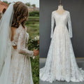 #10706 Sweep Train Long Sleeve Romantic A-Line Simple Wedding Dress V-Neck Bohemian Lace Bridal Photoshoot Gown