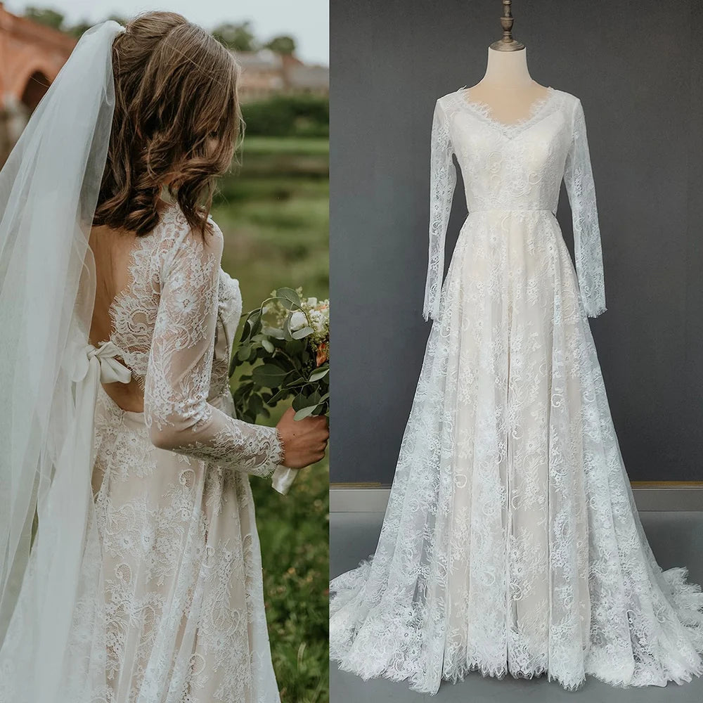 #10706 Sweep Train Long Sleeve Romantic A-Line Simple Wedding Dress V-Neck Bohemian Lace Bridal Photoshoot Gown