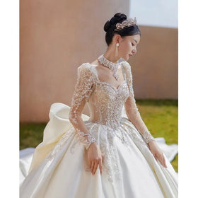 S6921F Drop Shipping New Bride's Main Satin High -end Texture Heavy Worker Trailer Long -sleeved Bridal Wedding Dress