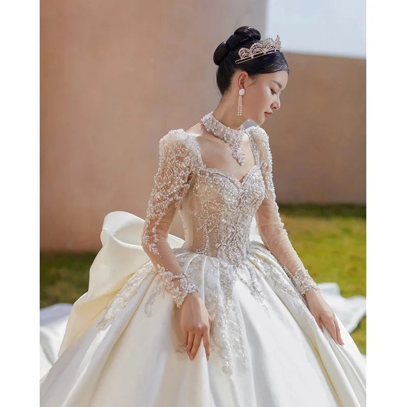 S6921F Drop Shipping New Bride's Main Satin High -end Texture Heavy Worker Trailer Long -sleeved Bridal Wedding Dress