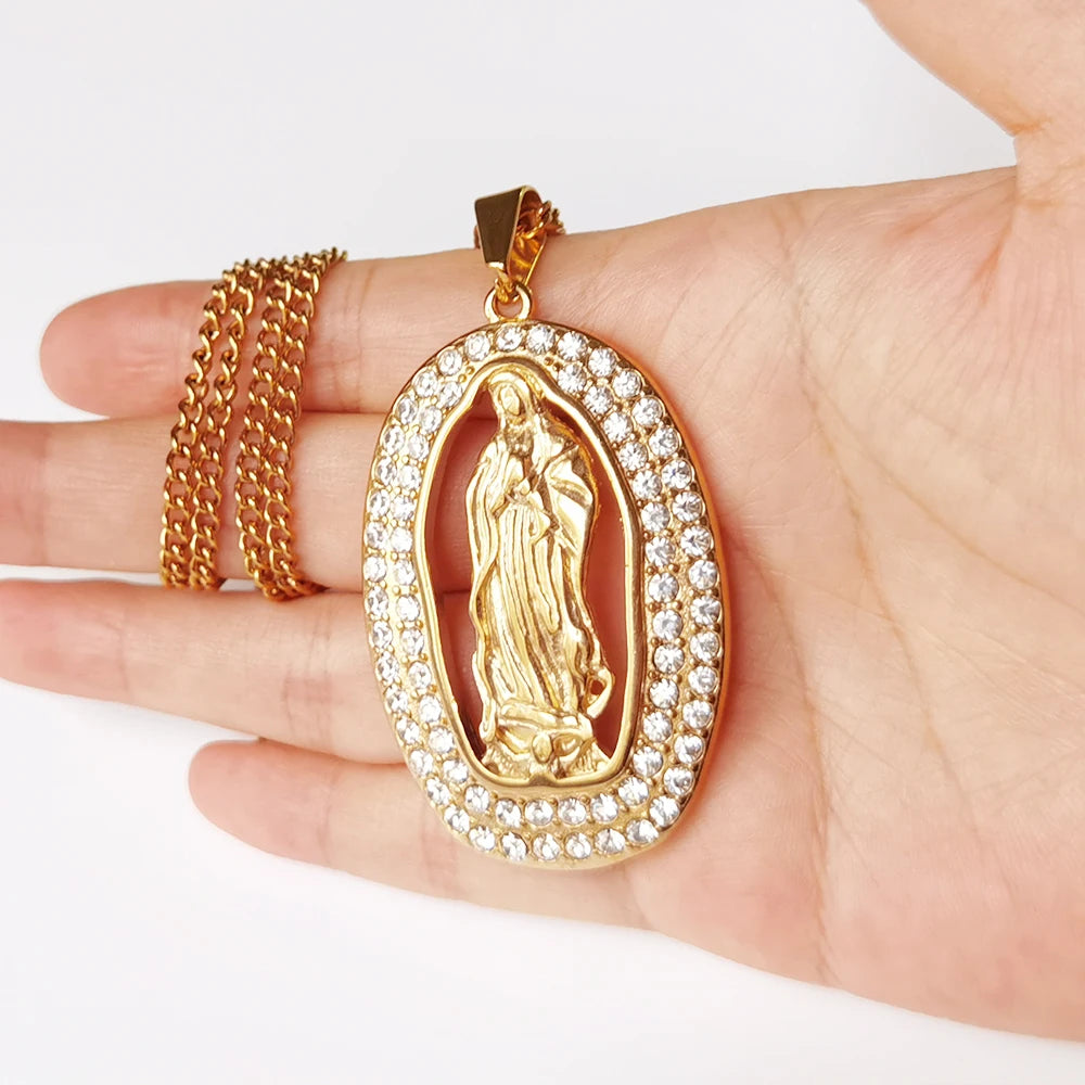 2023 New Diamond Guadalupe Mary Pendant Necklace Virgin Mary Religious Figure Pendant Necklace Christmas Gift Stainless Steel