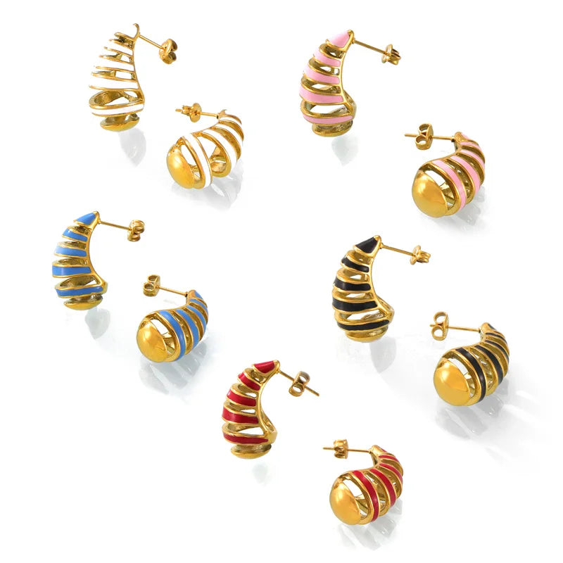Simple Personality Niche Jewelry Geometric Hollow Design Sense Water Drop Shape Colorful Drop Oil Stainless Steel Earrings