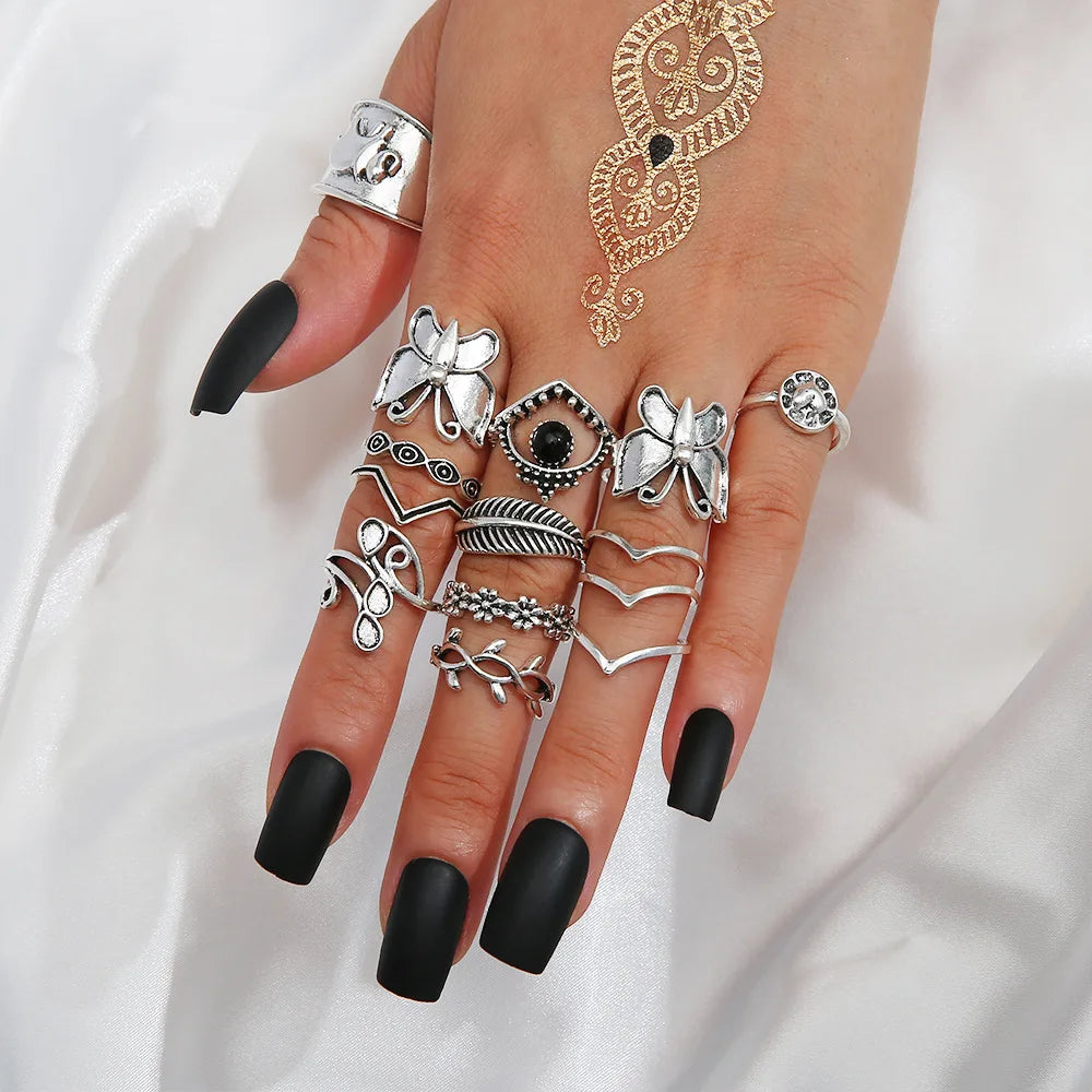 14 Pcs/set Bohemian Retro Diamond Butterfly Flower Set Ring Women Vintage Butterfly Leaves Decor Finger Ring Set