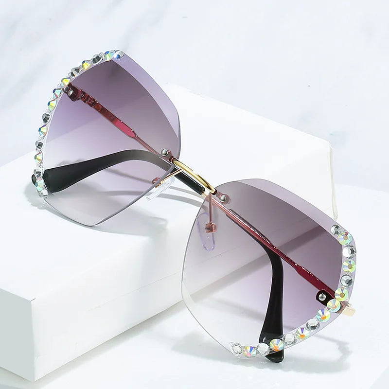 UNOC New Trendy Rimless UV400 Protection Durable PC Sunglasses Diamond-studded Lens Polygonal Design Women's Fashion