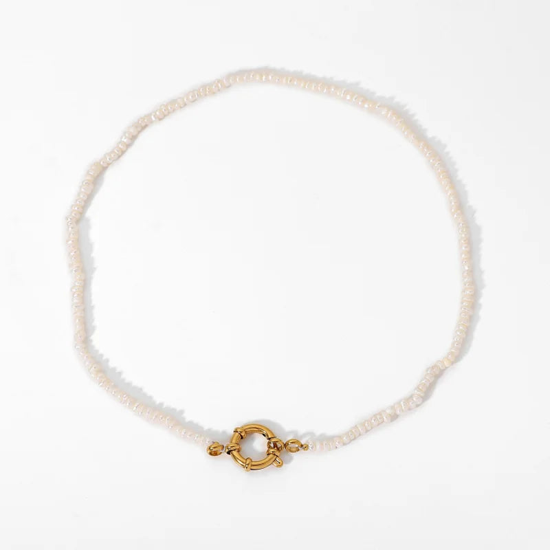 Boho Seed Beaded Pearl Choker Jewelry Round 38Cm Spring Clasp Buckle Necklace 18K Gold Plated Stainless Steel Necklaces