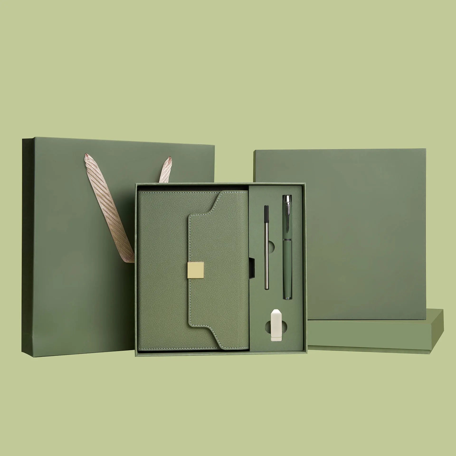 Custom Logo Luxury Corporate Green Hand Gift Set with Thermos Cup Pen USB Flash Drive & Promotional Notebook-Personalization