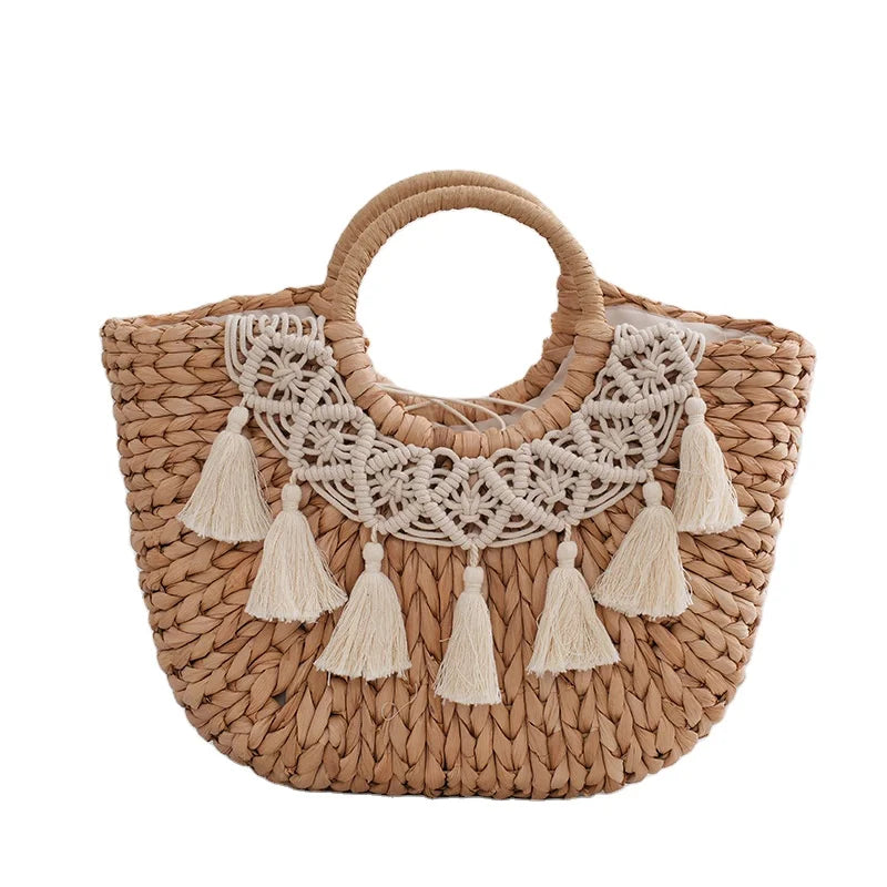 Women's Raffia Grass Half Round Handbag Beach Straw Tote with Two Handles and Letter Decoration