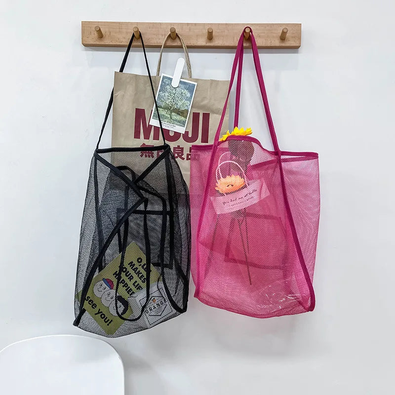 Summer Fashion Foldable Transparent Mesh Nylon Shoulder Bag Light All Match Travel Handbag Shopping Bag