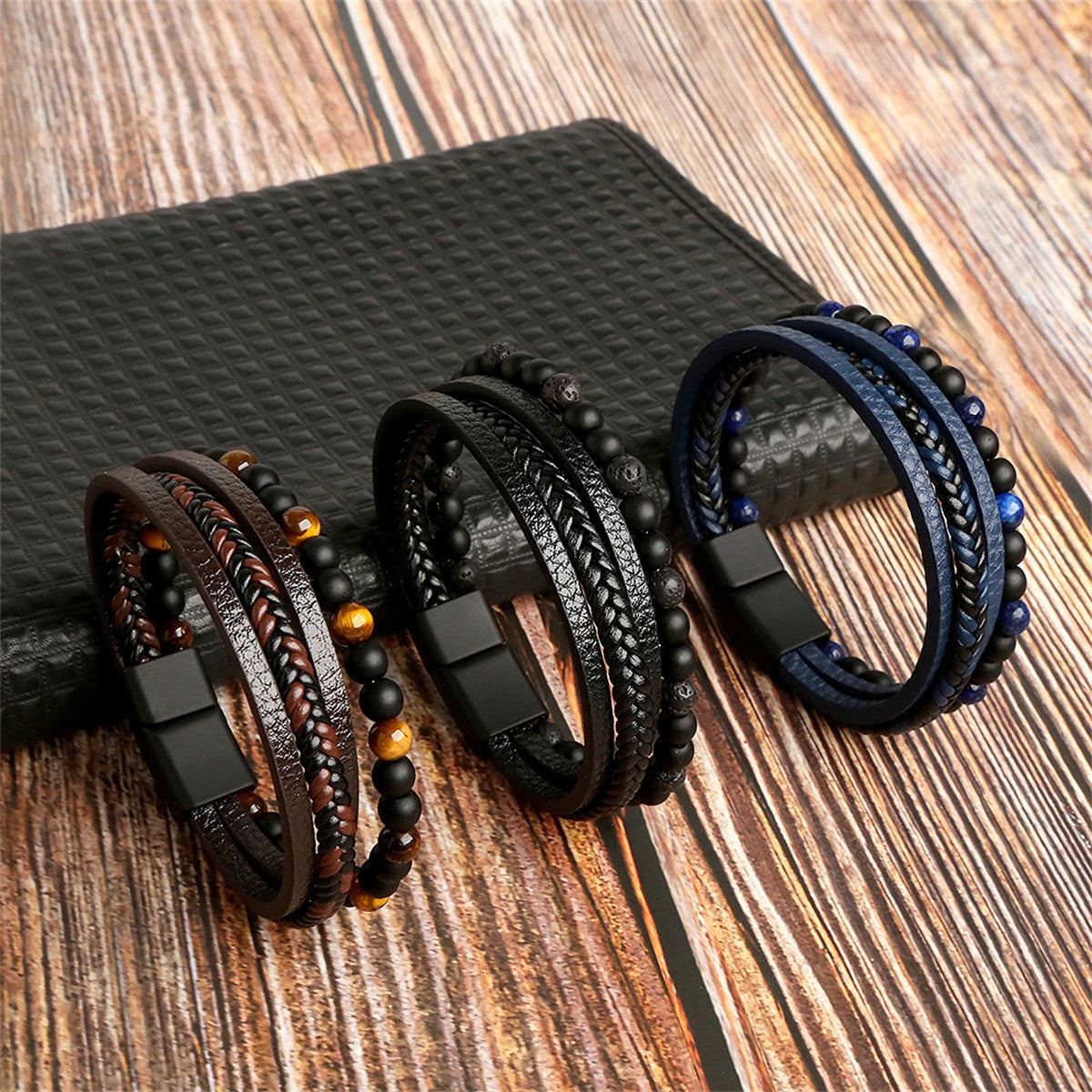 Fashion Mens Beads Bracelets PU Leather Braided Bracelet Bangle Wrap Wristband Jewelry Gift