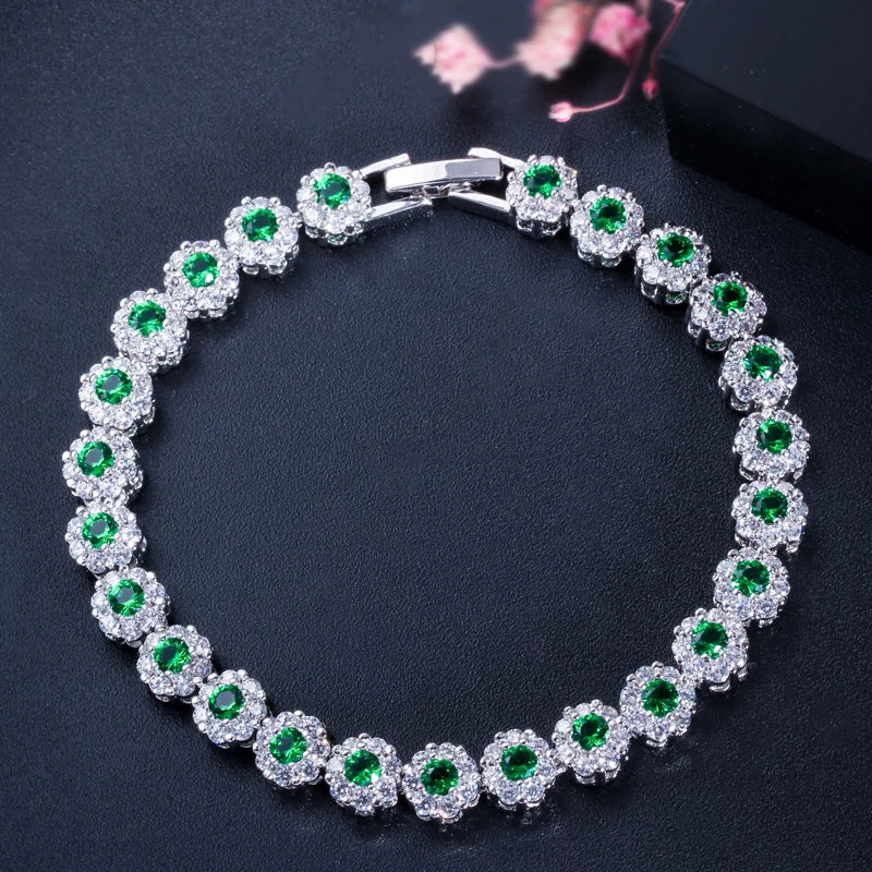 New Arrival Austrian White Gold Color Flower Green CZ Zirconia Crystal Women Wedding Tennis Bracelets Bangles Jewelry Accessory MegaBDM
